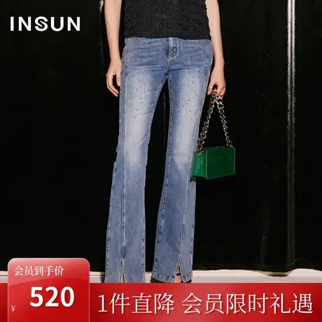 [丹宁艺术]恩裳COVER2023秋装新款重工烫钻牛仔裤棉质开叉微喇裤图片