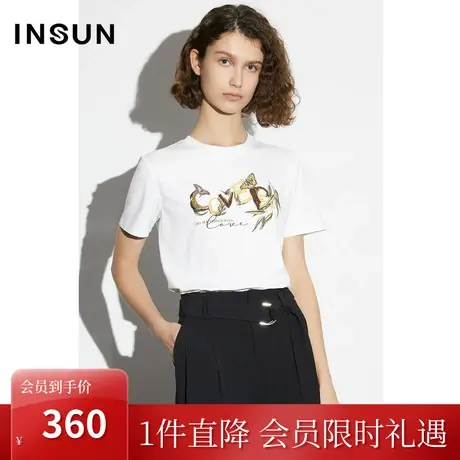 恩裳COVER2023年春夏新款棉质重工烫钻钉珠印花装饰白色短袖T恤女图片