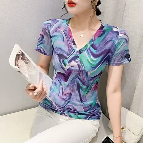 欧货涂鸦印花上衣女短袖性感V领修身小衫夏季时尚洋气网纱T恤半袖商品大图