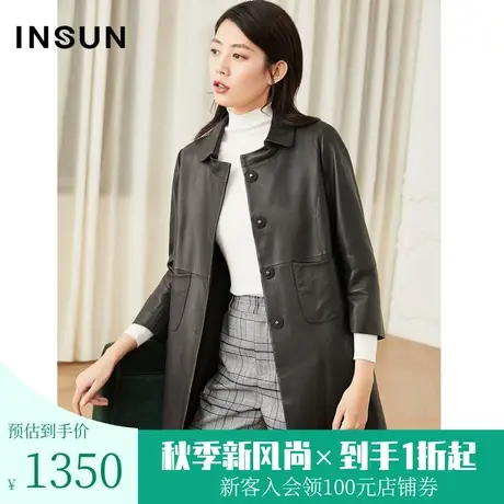 恩裳秋季新款小圆翻领羊皮革九分袖直筒中长款皮衣外套女图片