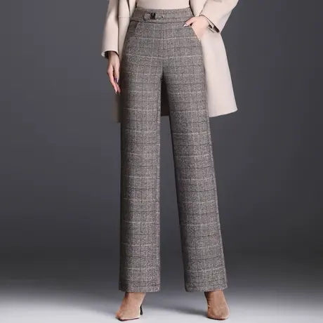 毛呢格子长裤阔腿裤女秋冬2023新款垂感高腰直筒通勤显瘦休闲裤厚商品大图
