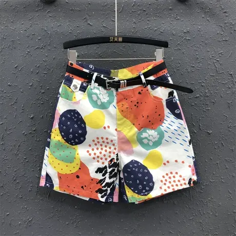 个性百搭五分裤女2023夏季新款印花设计感小众宽松显瘦牛仔直筒裤商品大图