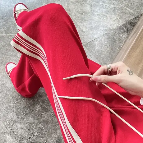 红色阔腿运动裤女春秋2023年新款高腰垂感直筒宽松休闲条纹拖地裤商品大图