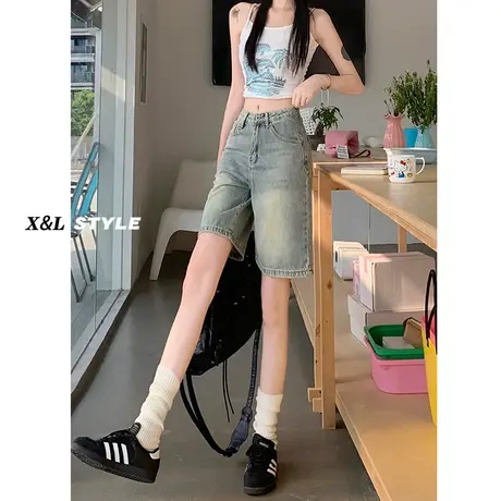 高腰牛仔短裤女春秋季2023新款直筒宽松梨形身材阔腿热裤五分裤子商品大图