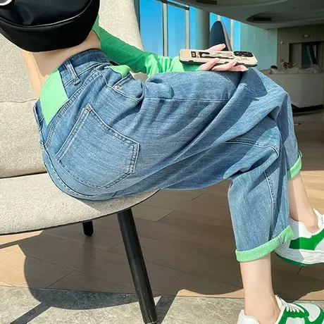 浅色老爹牛仔裤女春秋2023年新款高腰宽松显瘦设计感撞色哈伦裤潮商品大图