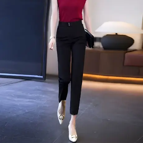 开叉西装裤女夏季薄款高腰弹力显瘦设计感黑色职业直筒小脚裤子女图片