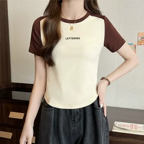 2023新款纯棉插肩袖短袖t恤正肩修身小众洋气减龄短款上衣女夏季图片