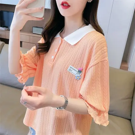短袖t恤女2023新款夏季韩版宽松撞色polo领小个子短款喇叭袖上衣图片