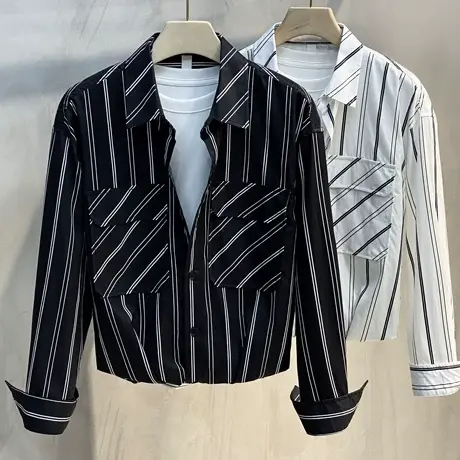 纯棉秋季工装长袖衬衫男日系复古条纹衬衣青年宽松韩版上衣外套潮商品大图