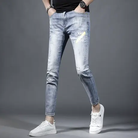 九分牛仔裤男2023夏季新款时尚烫印修身小脚弹力潮牌薄款男士裤子商品大图