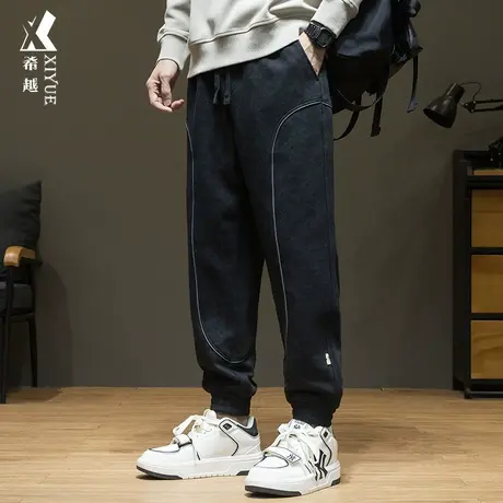 希越针织拼接休闲裤男秋季扎染印花束脚长裤宽松大码胖子百搭男裤商品大图