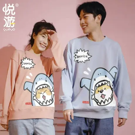 悦游 鲨猫情侣卫衣 猫狗可爱情侣装秋装春秋款无帽圆领男2021潮商品大图
