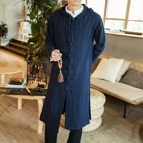 中国风亚麻连帽风衣男士中长披风外套复古风盘扣唐装秋冬棉麻禅服图片