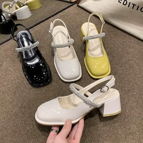 包头凉鞋女2023春秋新款仙女风法式小众水钻玛丽珍粗跟高跟鞋单鞋商品大图