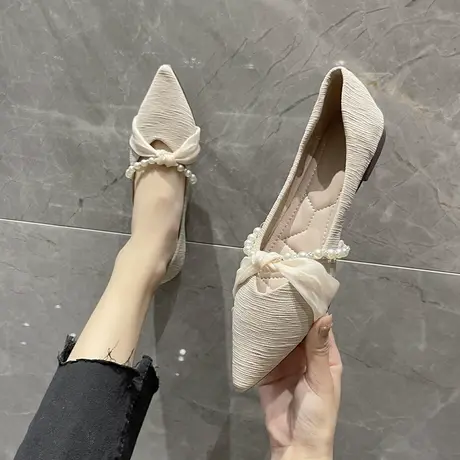 尖头单鞋女春秋黑色平底鞋2023年新款春季鞋子气质软底小香风瓢鞋商品大图