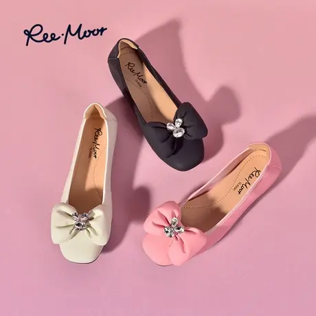REEMOOR睿慕2023秋季新款芭比粉蝴蝶结浅口蛋卷鞋舒适平底单鞋女商品大图