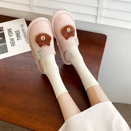 新品包头地板办公室亚麻拖鞋可爱女家居室内春秋棉麻四季卡通家用商品大图