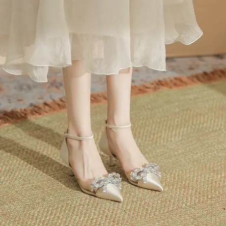 包头凉鞋女夏季2023年新款仙女风蝴蝶结单鞋细跟尖头高跟鞋一字带商品大图