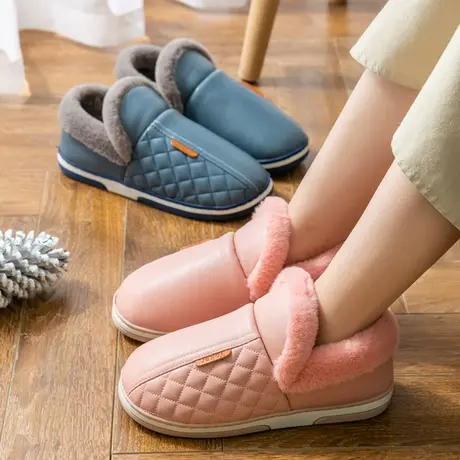 冬季新款PU皮面防水包跟棉拖鞋女加绒室内可外穿居家月子保暖棉鞋商品大图