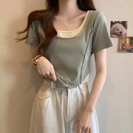 大码纯欲短款小众短袖T恤女装胖mm夏季新款设计感假两件上衣200斤商品大图