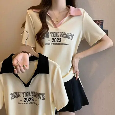 大码夏季新款胖mm正肩遮肚上衣藏肉百搭抽绳polo领短袖t恤女200斤商品大图