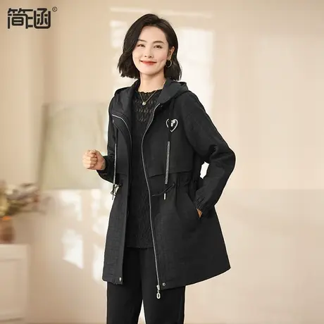 大码女装2024春季新款简涵黑色连帽外套休闲宽松显瘦中长款风衣图片