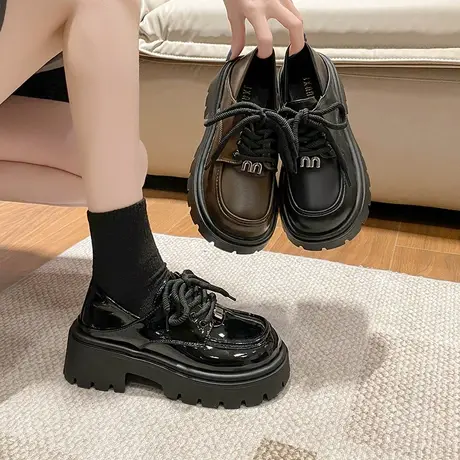 厚底乐福鞋女2024年秋冬季新款复古英伦风高跟单鞋粗跟两穿小皮鞋商品大图