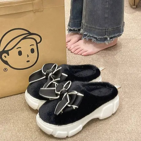 时尚蝴蝶结棉拖鞋女冬季外穿室内厚底增高跟防滑保暖加绒保暖拖鞋商品大图