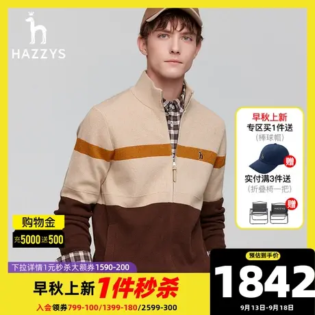 Hazzys哈吉斯秋冬季新款男士针织衫休闲条纹立领毛衣开衫外套男潮图片