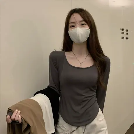 2023早秋季新款高级感设计感打底衫内搭短款上衣正肩长袖t恤女ins商品大图