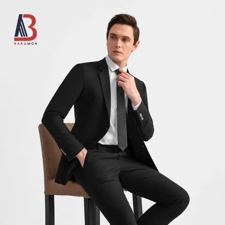BAROMON/培罗蒙2023秋新款男士商务正装修身西装黑色羊毛西服套装图片
