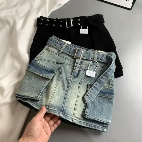 韩版原色腰带口袋工装牛仔短裙女小个子百搭显瘦包臀A字半身裙潮图片
