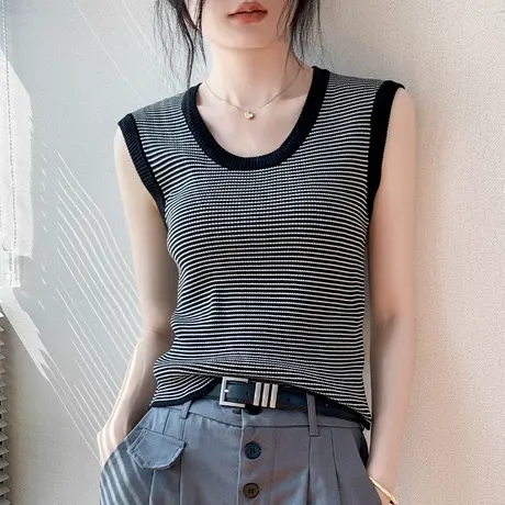 坎肩撞色条纹圆领无袖针织背心女修身显瘦设计感小众衬衫内搭上衣商品大图