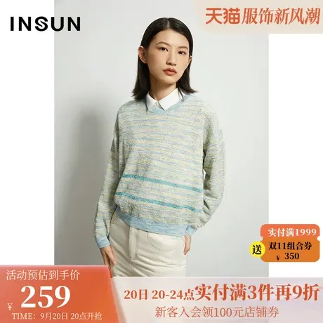 恩裳春秋季简约舒适浅蓝间色条纹圆领套头长袖毛针织衫女商品大图