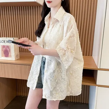 透气短袖防晒衣衬衫女2025新款夏季宽松大码女装冰丝薄款衬衣外套图片