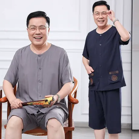 老人棉绸睡衣男士开衫爷爷款中年爸爸人造绵绸家居服夏季短袖套装图片