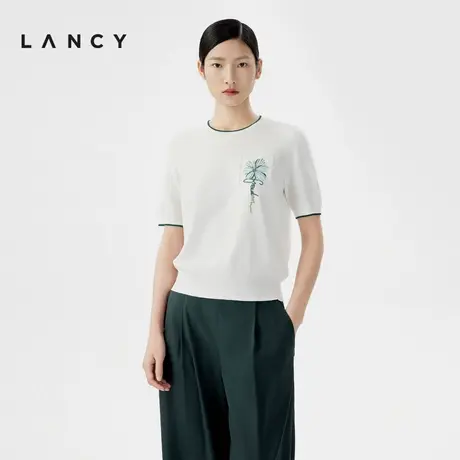 LANCY/朗姿2024夏季新款刺绣花卉短袖针织衫圆领薄款短袖短上衣女商品大图