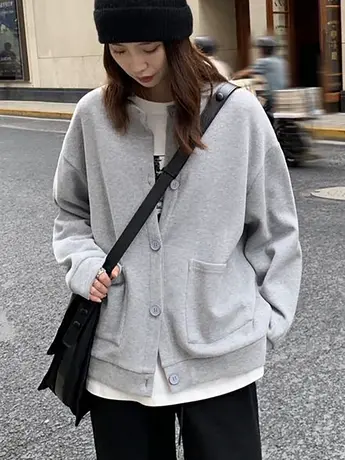 纯色棒球服外套开衫卫衣女2023春秋季新款休闲百搭炸街高级感上衣商品大图