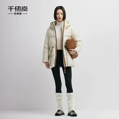 千仞岗女士连帽中长款羽绒服PU皮腰部抽绳显瘦加厚外套女商品大图