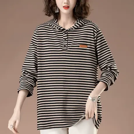 条纹长袖T恤女春秋新款加肥加大码女装宽松中年妈妈休闲连帽上衣图片