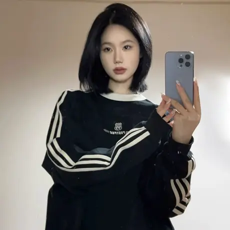 港味复古黑色卫衣女oversize大码慵懒风秋季薄款长袖ins潮牌上衣商品大图