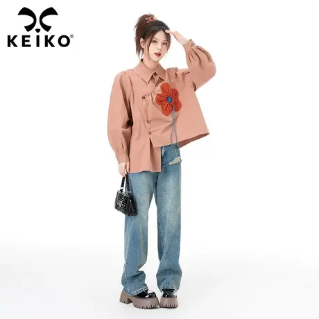 设计师款抽皱花朵长袖衬衫女春秋女装小众洋气漂亮气质泡泡袖上衣图片