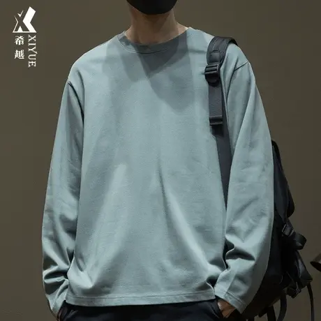 秋季新款300g重磅精梳棉长袖T恤男宽松大码抗皱浅灰绿内搭打底衫商品大图