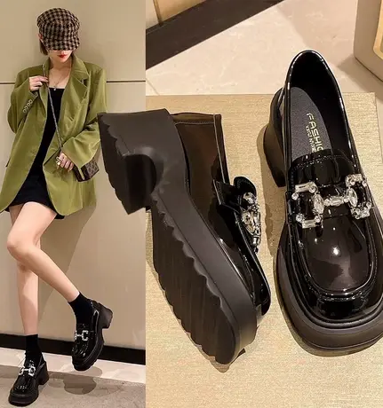 潮牌韩版厚底乐福鞋女2023秋季新款百搭复古高跟水钻英伦风小皮鞋商品大图