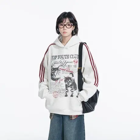 YEP印花插肩袖连帽卫衣女春季2025新款条纹美式帽衫宽松长袖外套商品大图