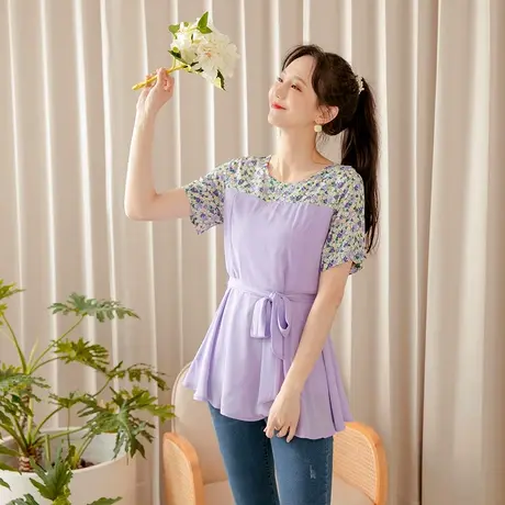 桔熊夏季韩版温柔风碎花拼接收腰垂坠感中长款上衣女大码AB15449商品大图