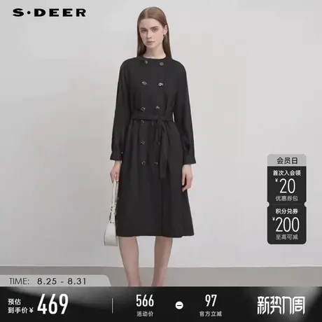 sdeer圣迪奥2025秋装时尚圆领双排扣收腰长款风衣S243Z1801商品大图