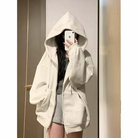 连帽卫衣外套女2025新款爆款早秋季小个子宽松慵懒风开衫拉链上衣图片