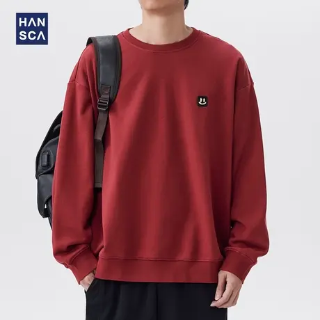 hansca简约趣味笑脸刺绣圆领卫衣男2025秋季新款宽松保暖长袖上衣商品大图