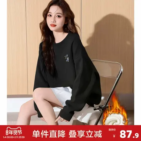 唐狮2026秋冬新款女卫衣趣味印花加绒圆领套头长袖上衣女保暖休闲图片